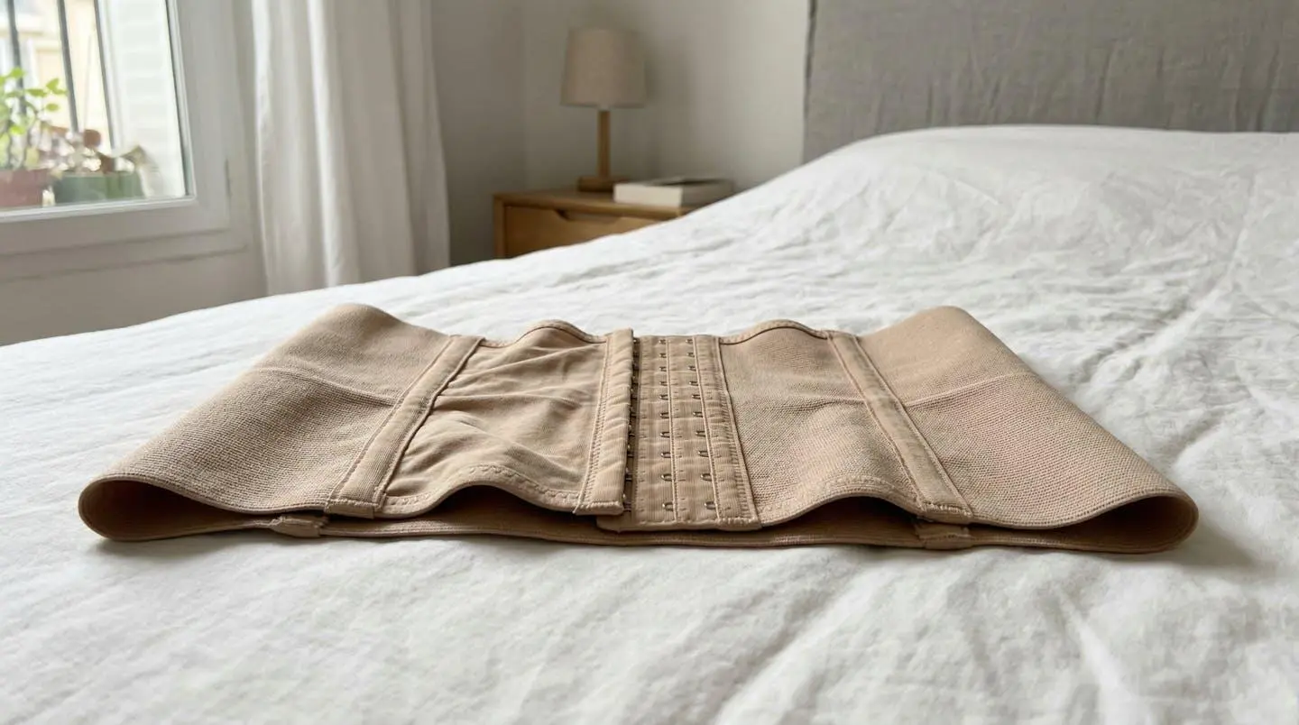 Une gaine de contention abdominale médicale de couleur chair posée sur un couvre-lit blanc dans une chambre lumineuse